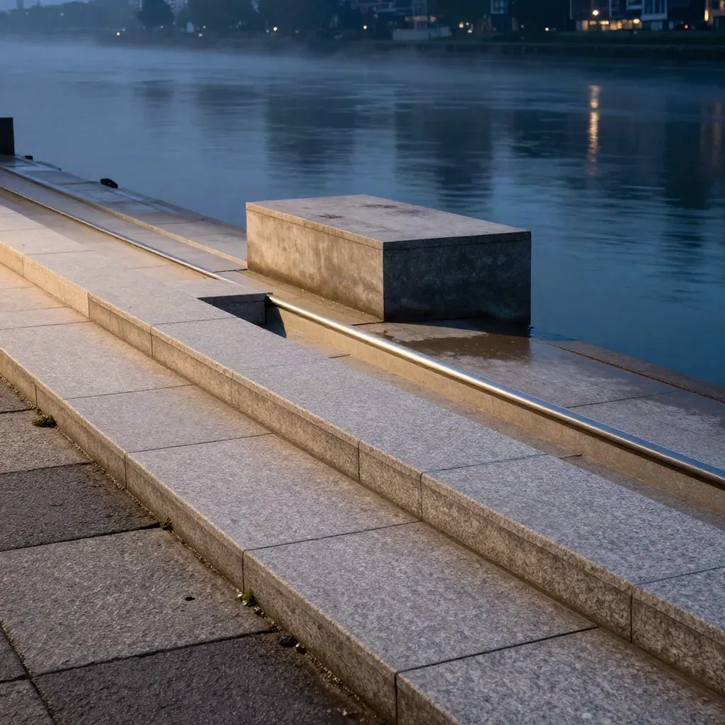 Quai réaménagé au crépuscule, dalles neuves, marches et socle vide au bord de l’eau.