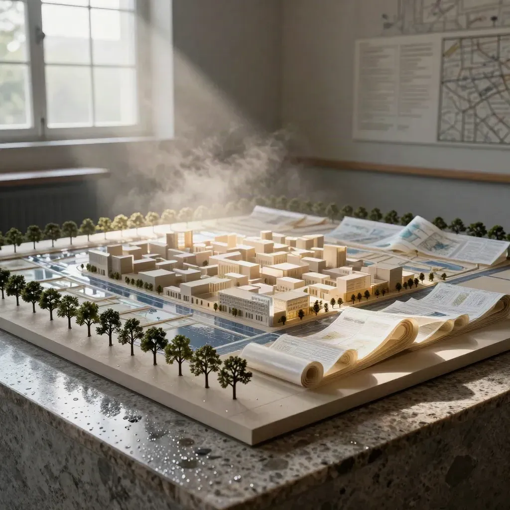 Maquette de plan urbain en pierre et acétate dans une lumière de pluie.