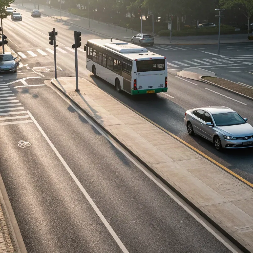 Carrefour urbain en heure de pointe, bus et voitures filant sur voie cyclable protégée.