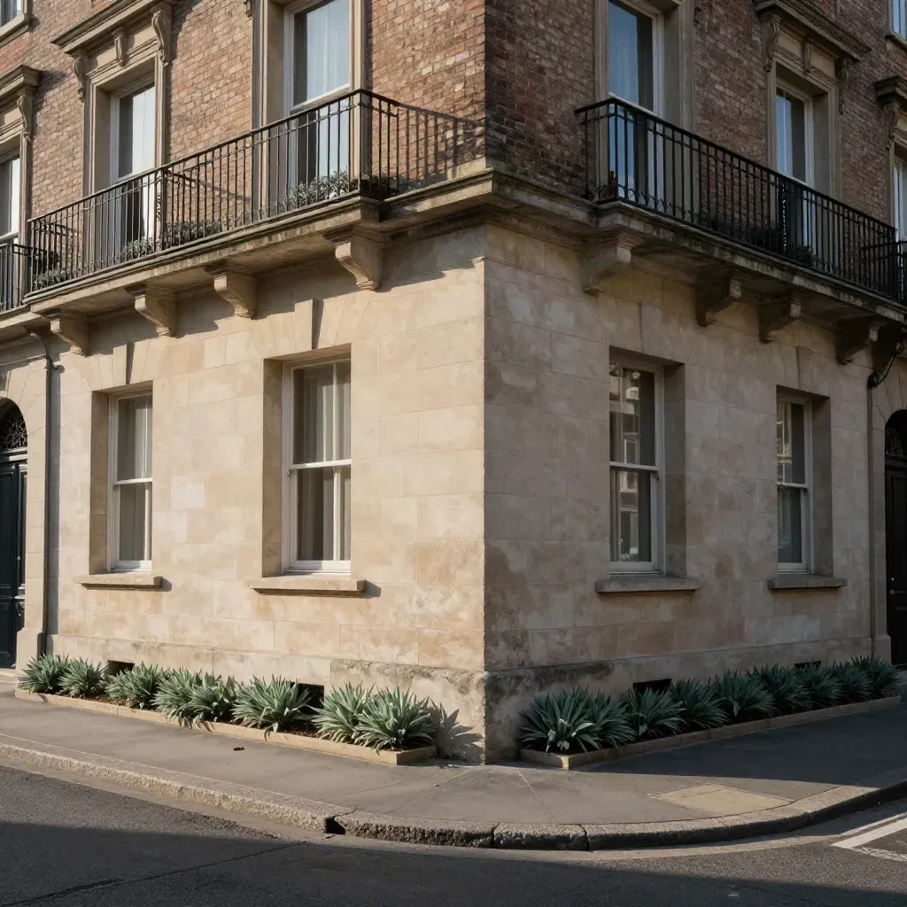 Façade urbaine en légère contre-plongée avec toits en gradins et plantations.