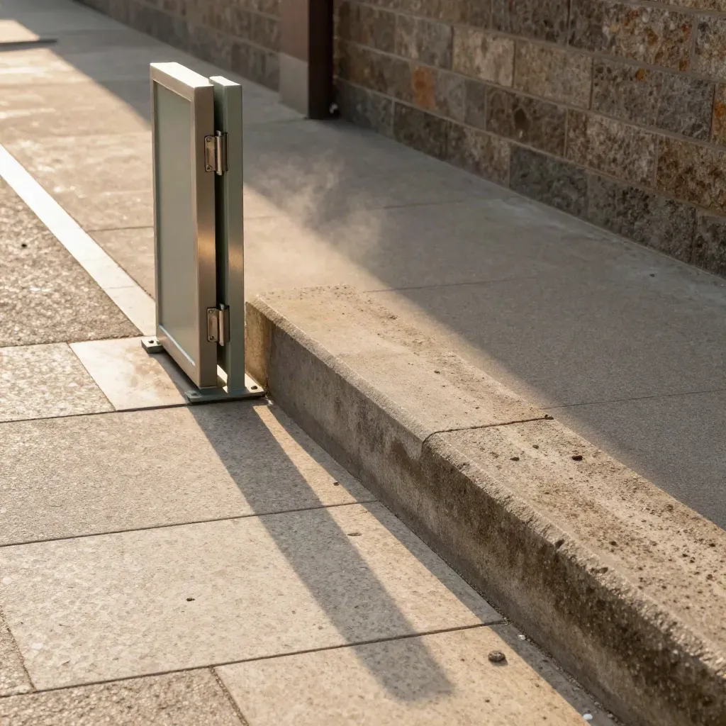 Couloir de service avec trappes techniques, portail d’accès et repères de recul en lumière d’après-midi.