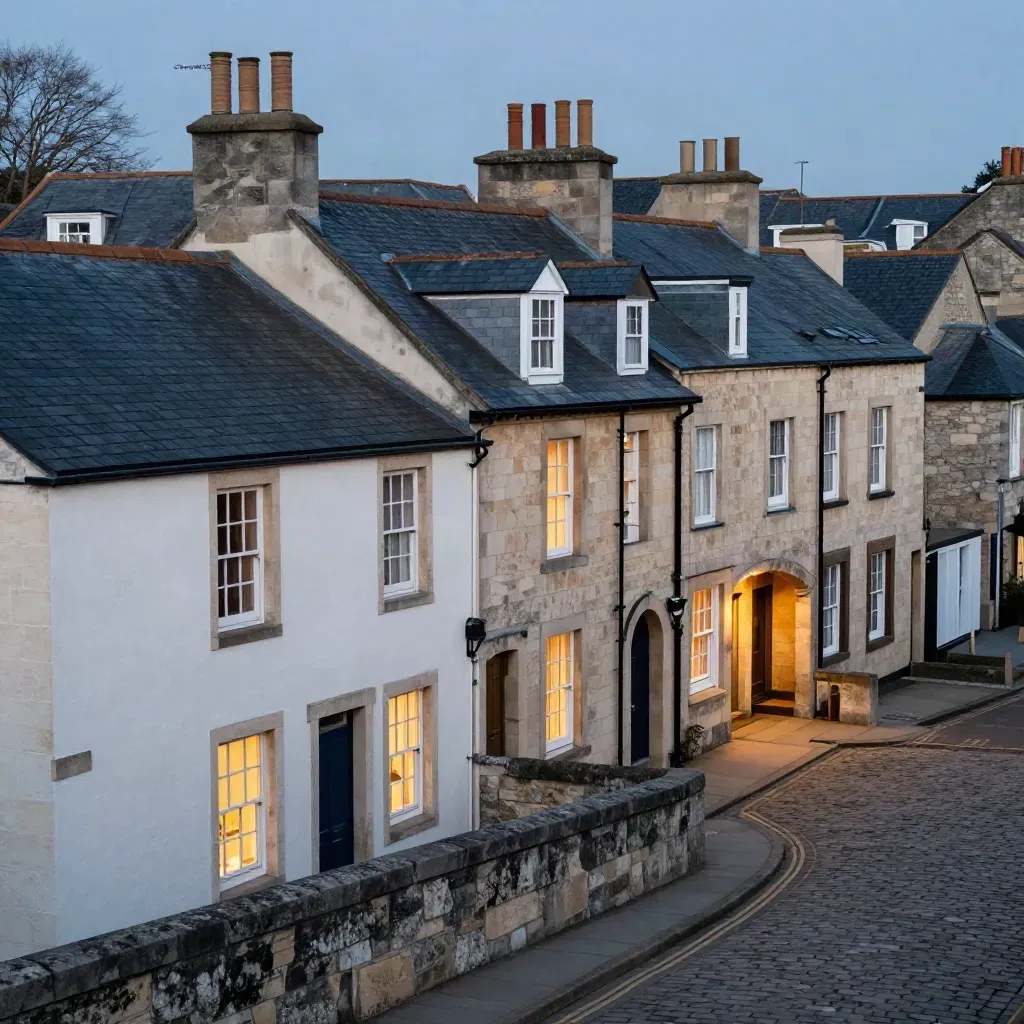 Maisons anciennes, passages étroits et fenêtres allumées au crépuscule.