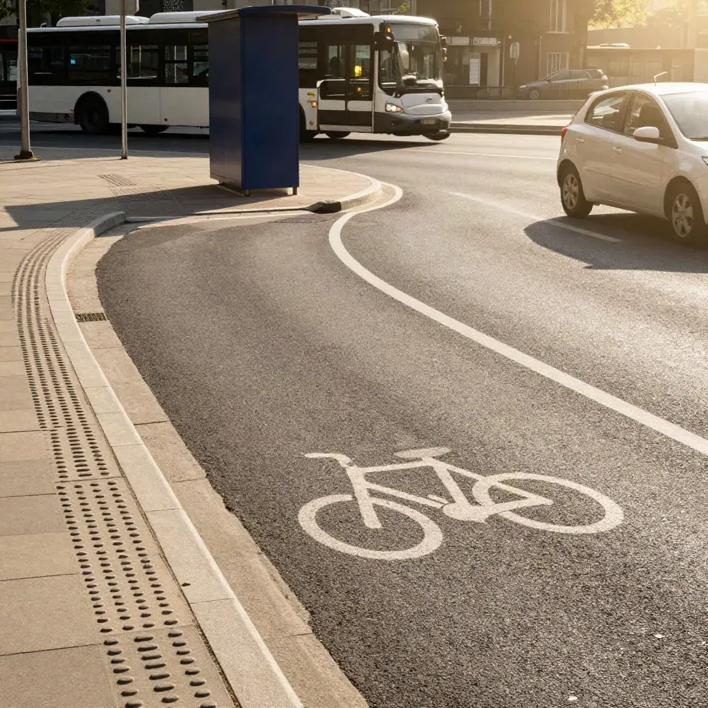 Intersection d’une piste cyclable protégée et d’un arrêt de bus, véhicules en virage.