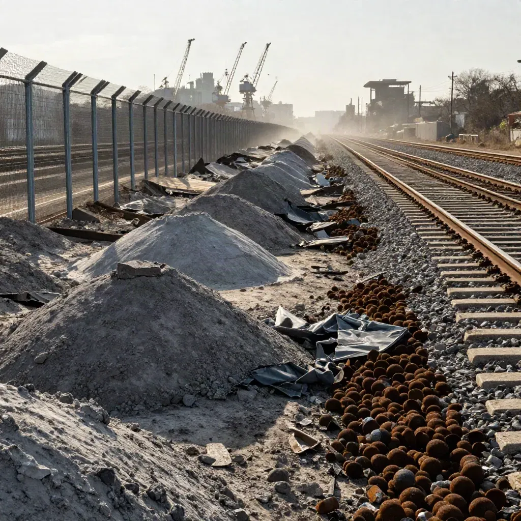 Friche ferroviaire avec mottes de sol, clôture temporaire et grues au loin, sous un soleil net.