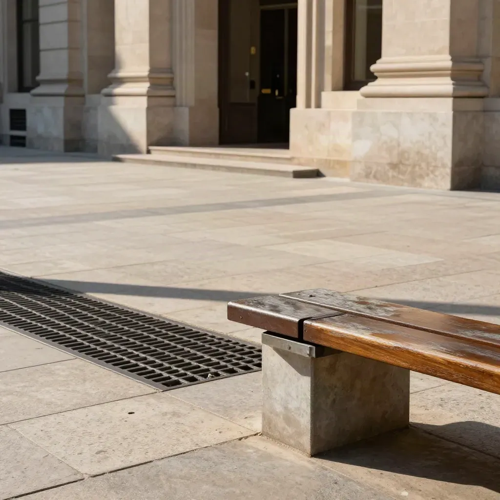 Place publique en pierre au soleil couchant, avec arbre, banc et façade monumentale.