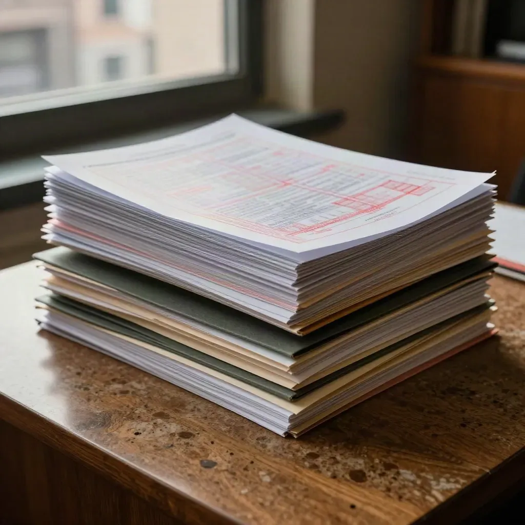 Piles de dossiers d’urbanisme sur une table municipale, avec pochettes translucides et lumière du soir.