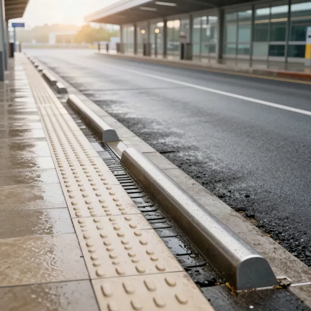Accès de gare sous la pluie, pavés mouillés et bordure abaissée en gros plan.
