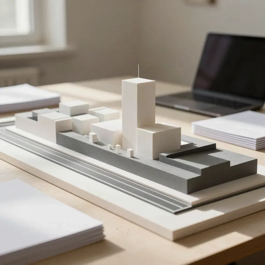 Maquette urbaine en mousse blanche sur table, laptop fermé flou, lumière chaude de fenêtre.