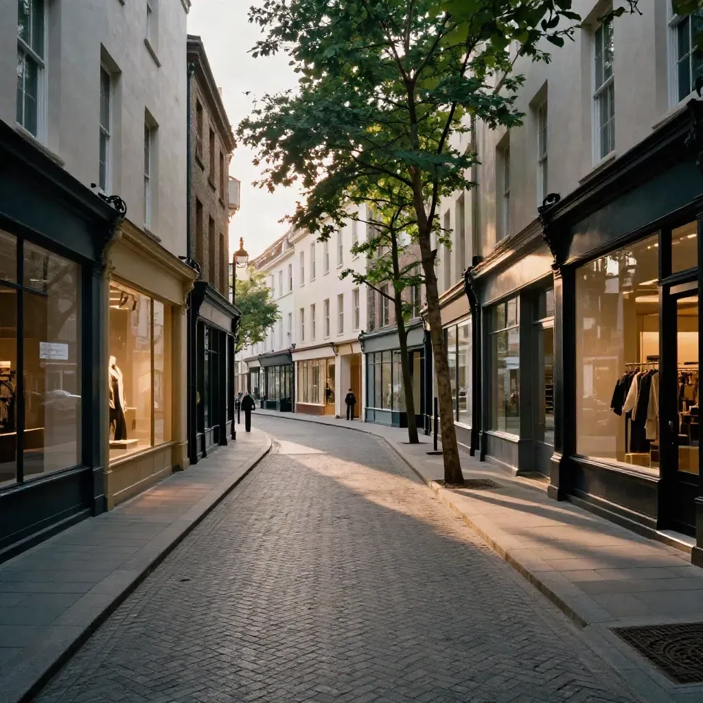 Rue commerçante centrale au crépuscule, façades étroites, arbres d’alignement et pavage clair.