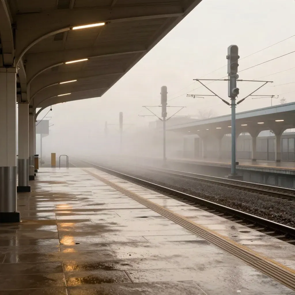 Forecourt de gare dans la brume, quais, marquises et mâts de signalisation vus très bas