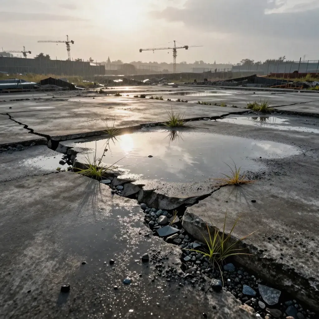 Friche humide avec béton fissuré, flaques et grue au loin