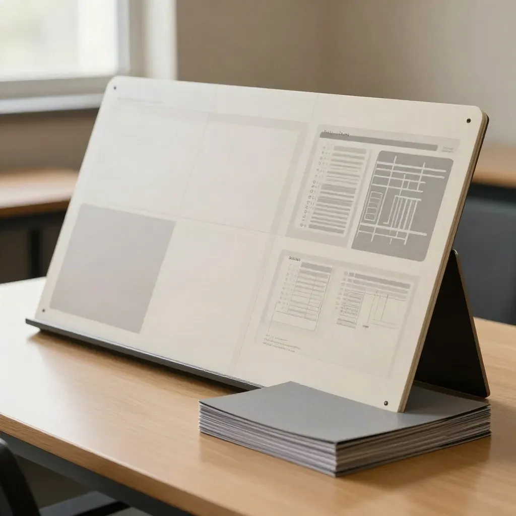 Panneaux de présentation urbains alignés sur une table de mairie, lumière douce.