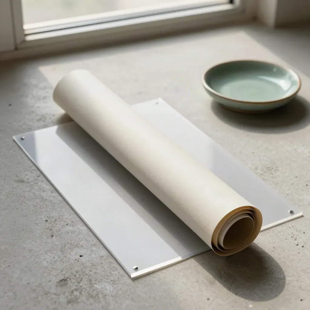 Vue zénithale d’un tube de zonage, d’un calque translucide et d’une coupelle en céramique.