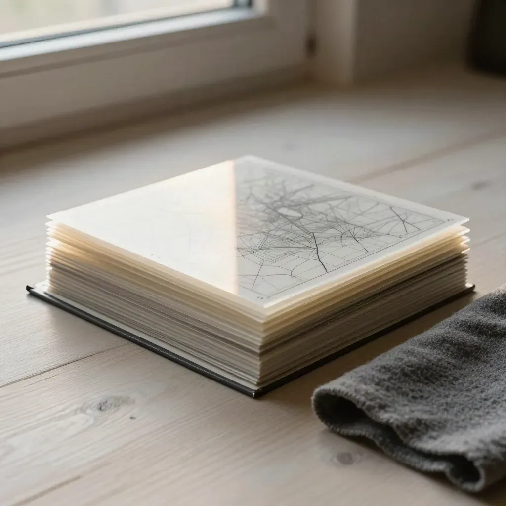 Empilement de cartes SIG sur bois pâle avec classeur sombre et tissu de laine gris.
