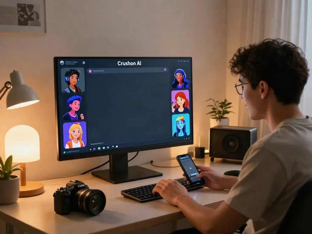 User engaging with Crushon.ai's interactive chat interface, surrounded by vibrant digital characters.