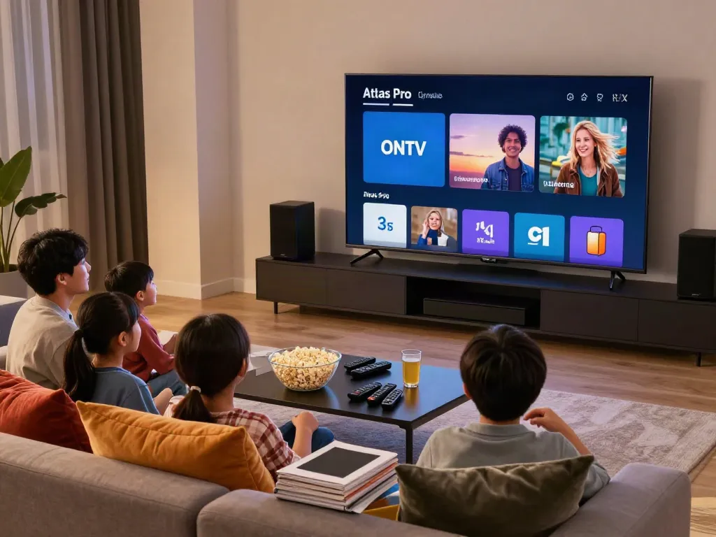 Profitez d'un moment en famille devant l'application atlas pro ontv sur la télévision.